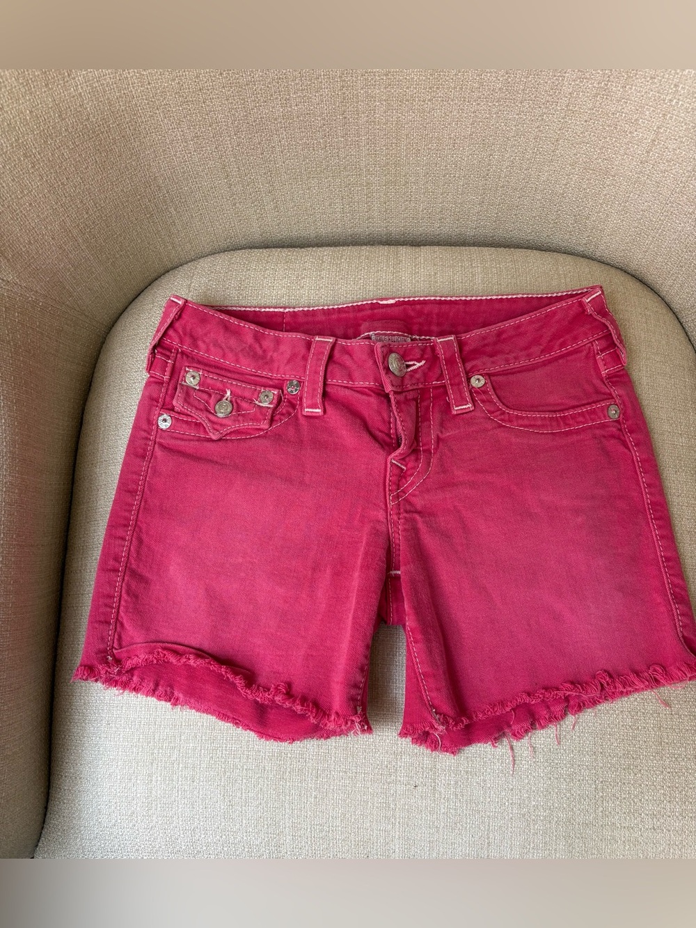 True Religion Joey T Hot Pink Frayed Hem Denim Shorts